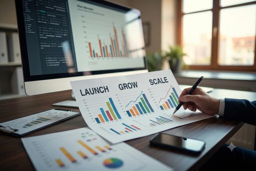 Business growth charts showing launch, grow, and scale